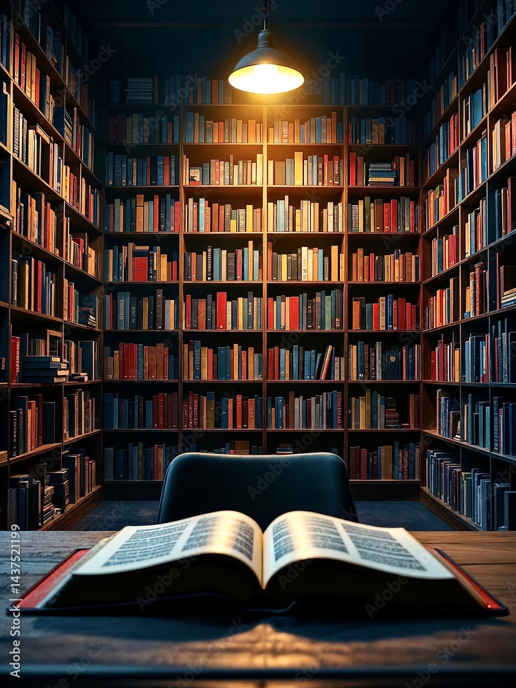 World Book Day. Large wooden bookcase full of colorful antique books standing in a modern living room with a brick wall and a soft carpet, creating a cozy and inviting atmosphere