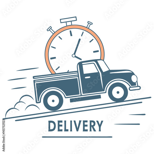 Retro Pickup Truck Speeding with Stopwatch Timer Above, Line Art Style Icon Design