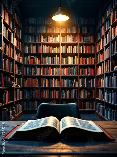 World Book Day. Large wooden bookcase full of colorful antique books standing in a modern living room with a brick wall and a soft carpet, creating a cozy and inviting atmosphere