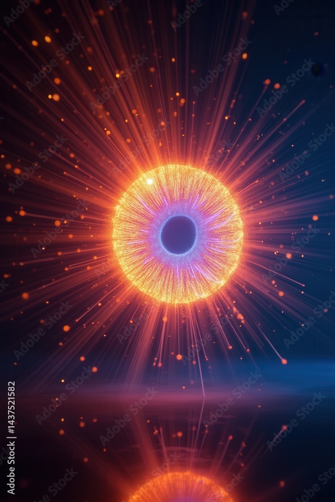 Glowing iridescent circle with radiant beams in abstract digital art