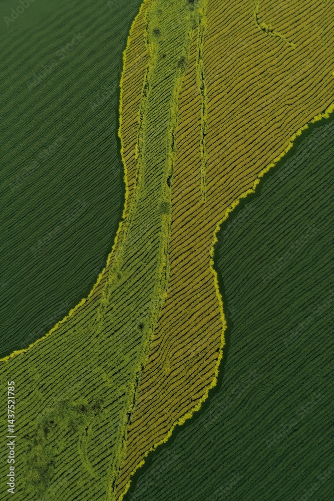 Green rice fields aerial view with intricate patterns