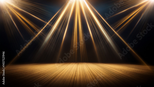 Golden Stage with Multiple Bright Spotlight Beams