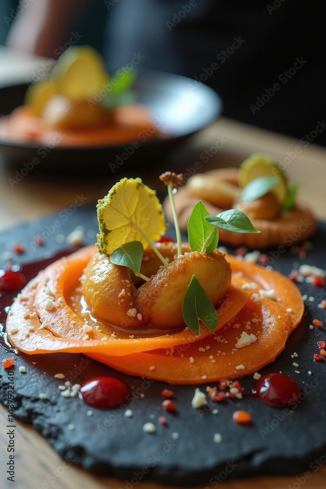 Gourmet dessert with fried slices on slate plate