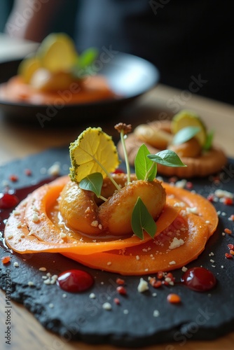 Obraz na płótnie Gourmet dessert with fried slices on slate plate w salonie