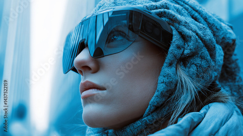 Wallpaper Mural Futuristic person wearing smart glasses with neon city lights reflection Torontodigital.ca