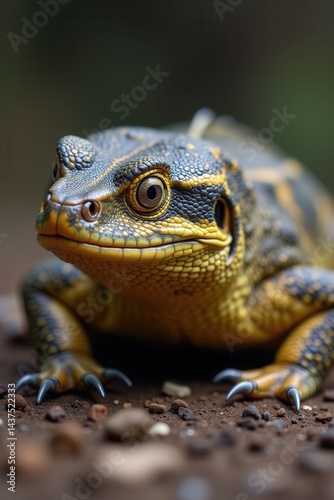 Obraz na płótnie Lizard on rocky surface with blurred green background w salonie