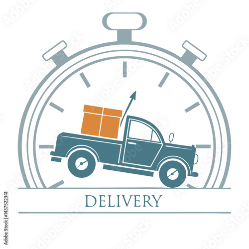 Stylized Truck Icon with Box in Stopwatch Frame, Fast Service, Isolated on White