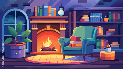 Acogedor rincón de lectura con chimenea crepitante y estanterías. Un cómodo sillón junto al cálido fuego invita a relajarse y a un tranquilo rincón de lectura para un tranquilo día de invierno en casa