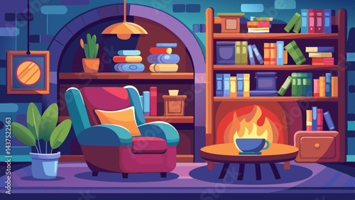 Acogedor rincón de lectura con chimenea crepitante y estanterías. Un cómodo sillón junto al cálido fuego invita a relajarse y a un tranquilo rincón de lectura para un tranquilo día de invierno en casa