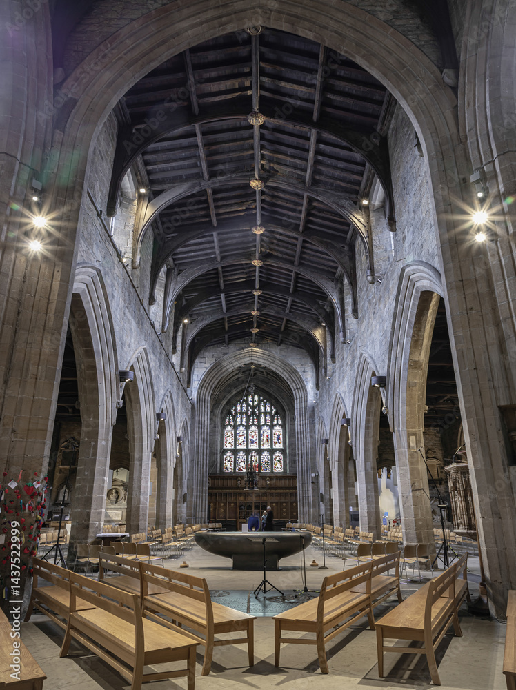 Architecture interior view of Newcastle Cathedral (Cathedral Church of St Nicholas). use it as your Wallpaper, Poster and Space for text, Selective focus.