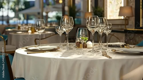 Elegant outdoor dining experience with sunlit table setting and glassware