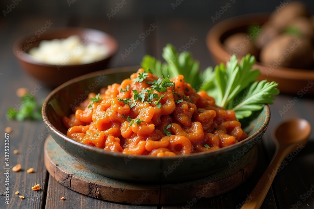 Delicious macaroni pasta in savory tomato sauce garnished with parsley