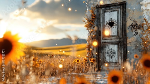 Old wooden door opening into sunflower field at sunset with magical fireflies
