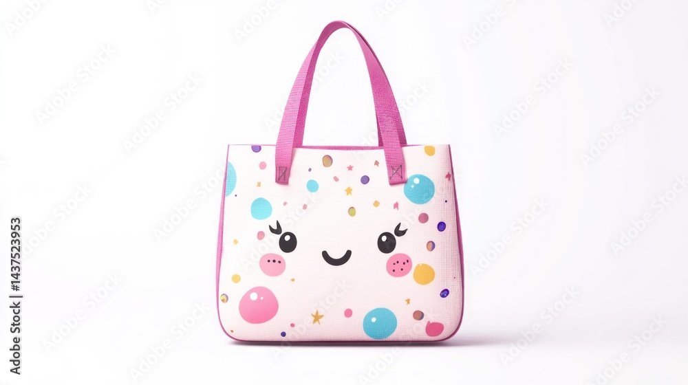 Pink tote bag with cartoon face and bubble pattern Pink tote bag with cartoon face and bubble pattern