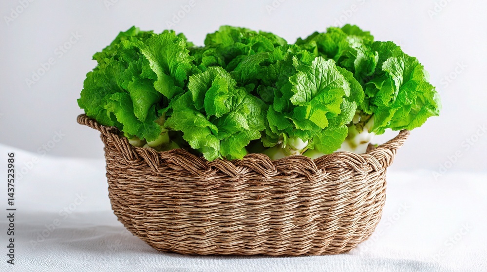 Fresh Green Turnip Tops in Wicker Basket for Culinary Use Fresh Green Turnip Tops in Wicker Basket for Culinary Use