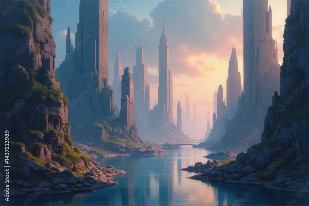 Mystical landscape of towering ancient pillars at sunset