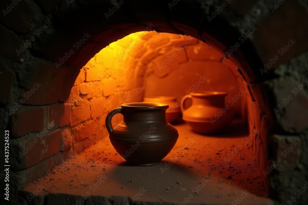 Pottery in kiln with warm glow