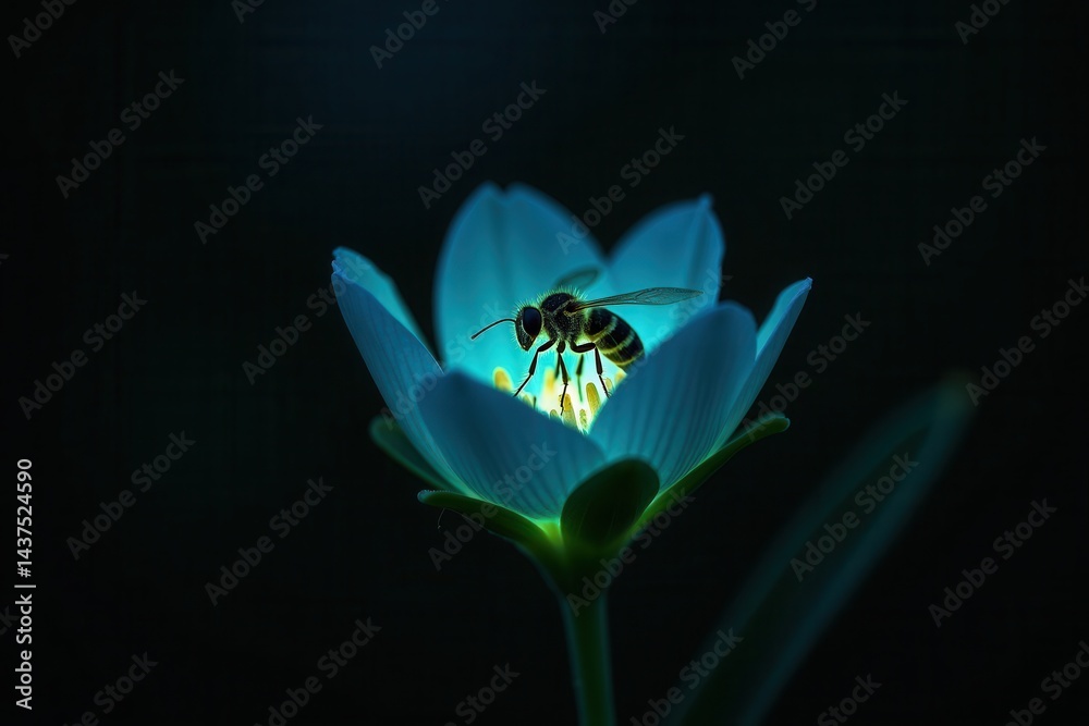 Bee on glowing flower in darkness