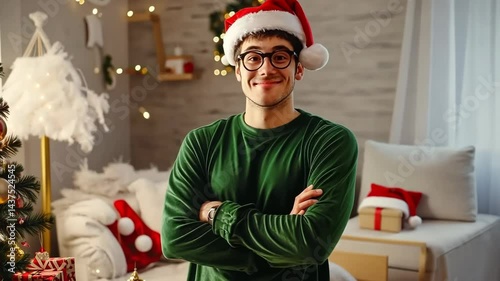 Festive man enjoys holiday spirit at home in santa hat