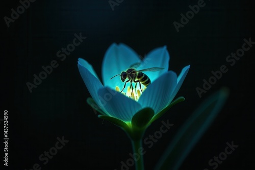 Bee on glowing flower in darkness