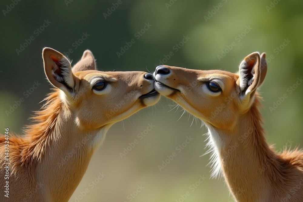 Two antelopes nuzzling together in lush field