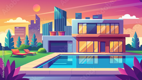 Luxury suburban house with swimming pool and city skyline. Elegant villa with modern garage, lush garden, and architectural landscape in stylish residential neighborhood.

