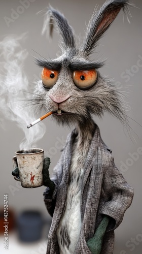 Grumpy cartoon rabbit smoking and drinking coffee in bathrobe