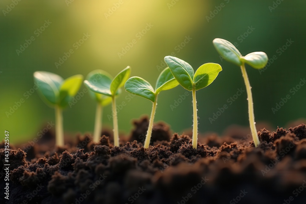 Young seedlings sprouting in rich soil with sunlight