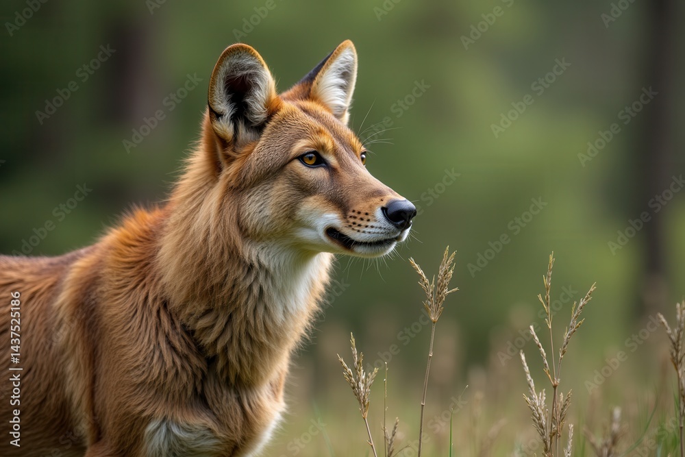 Wild dingo in natural habitat with grassy field