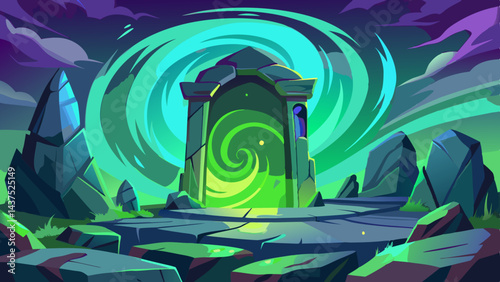 Un portal místico de luz verde y energía arremolinada que conduce a un mundo fantástico de magia y asombro. Una puerta de piedra hacia un universo.