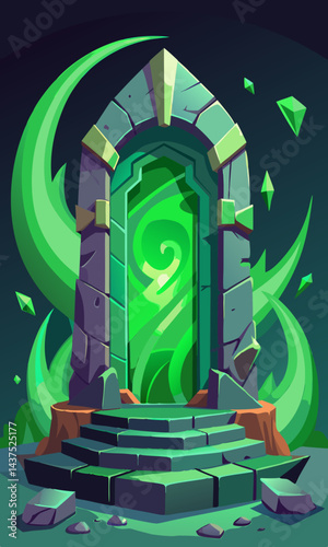 Un portal místico de luz verde y energía arremolinada que conduce a un mundo fantástico de magia y asombro. Una puerta de piedra hacia un universo.