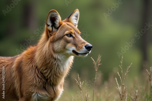Wild dingo in natural habitat with grassy field