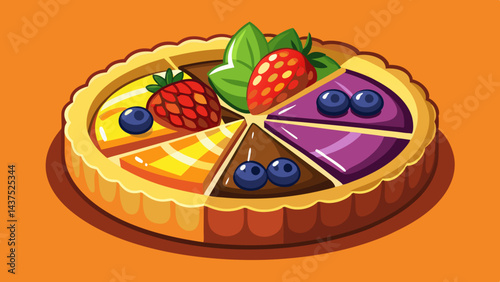 Vector de dibujos animados de una tarta redonda con una rebanada cortada, que muestra una variedad de rellenos como frutas, bayas y chocolate, con migas y una corteza enrejada.