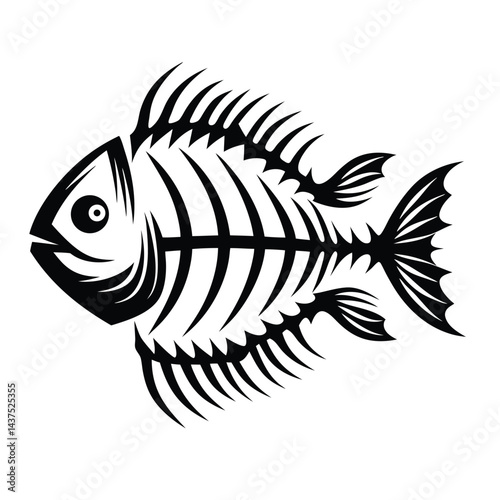 Isolated Fish Bone Silhouette, Black and White Illustration, Animal Remains, Outline Style