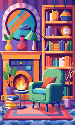 Acogedora sala de estar con chimenea, sillón y estanterías que crean un ambiente hogareño cálido y acogedor.