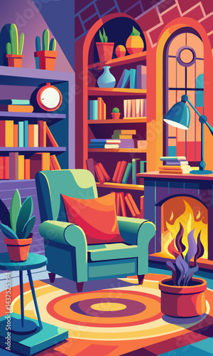 Acogedora sala de estar con chimenea, sillón y estanterías que crean un ambiente hogareño cálido y acogedor.