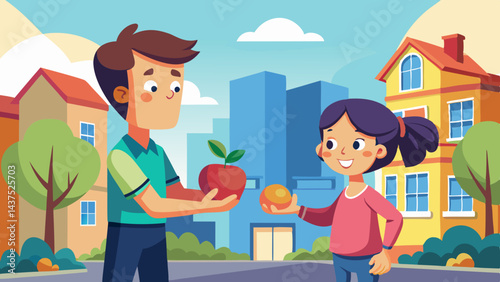 Cartoon vector of a teen boy handing an apple to his little sister in suburban street scene, depicting family care and support, sibling love.