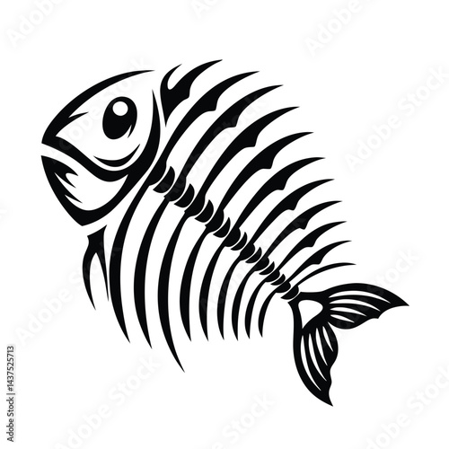 Stylized Fish Skeleton Detailed Monochrome Isolated on White Backdrop