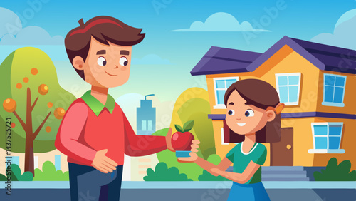 Cartoon vector of a teen boy handing an apple to his little sister in suburban street scene, depicting family care and support, sibling love.