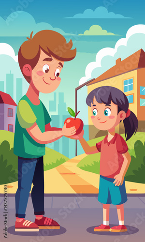 Cartoon vector of a teen boy handing an apple to his little sister in suburban street scene, depicting family care and support, sibling love.
