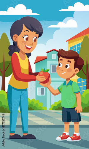 Cartoon vector of a teen boy handing an apple to his little sister in suburban street scene, depicting family care and support, sibling love.