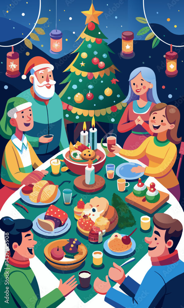 Fototapeta premium Vector de caricatura de una familia numerosa celebrando una cena festiva con comida deliciosa, rodeada de un árbol de Navidad decorado. Familiares alegres reunidos alrededor de una mesa festiva.