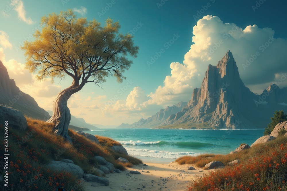 Majestic landscape of serene seaside with twisted tree towering mountain