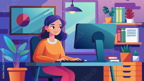 Ilustración vectorial de una mujer joven que trabaja de forma remota en un escritorio con un monitor de computadora en una acogedora oficina hogareña, resaltando el estilo de vida independiente.