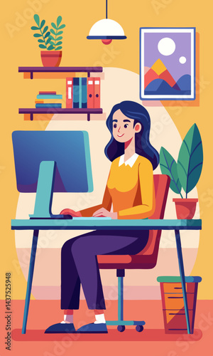 Ilustración vectorial de una mujer joven que trabaja de forma remota en un escritorio con un monitor de computadora en una acogedora oficina hogareña, resaltando el estilo de vida independiente.