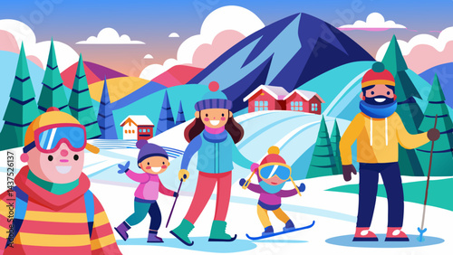 父親、母親、そして2人の子供からなる家族が、雪に覆われた斜面とケーブルウェイのある絵のように美しい冬のリゾートでスキーや雪上アクティビティを楽しんでいます。