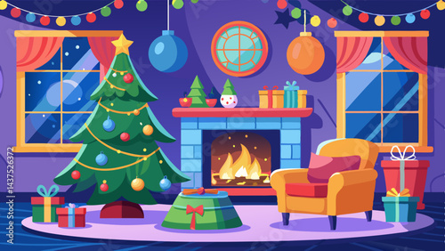 Cozy cartoon vector of a decorated Christmas living room with a fireplace, tree, and gifts. Festive interior with holiday decorations creating a warm atmosphere.

