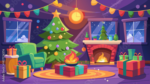 Cozy cartoon vector of a decorated Christmas living room with a fireplace, tree, and gifts. Festive interior with holiday decorations creating a warm atmosphere.


