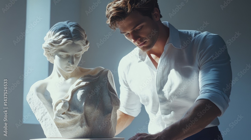 © prophoto - A man in a white shirt admires a classical marble bust, showcasing artistry and timeless beauty.