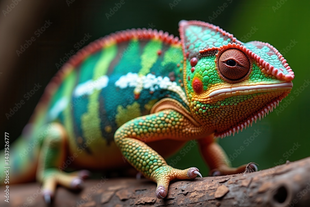 Colorful chameleon perched on tree branch